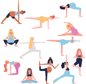 Ilustración embarazadas ejercicios Pilates y yoga